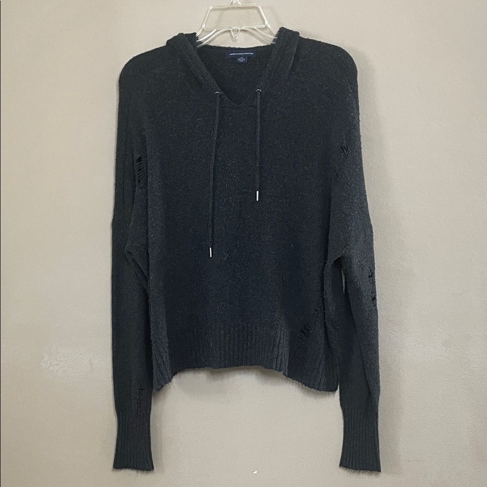 American Eagle Outfitters Black Distressed Knit Hoodie SZ L